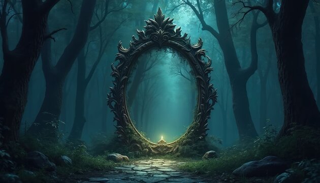 Mysterious ornate mirror stands in dark forest. Glowing light shines through portal. Ancient trees surround pathway in creepy woodland at night. Magical portal awaits.