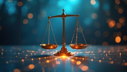 Golden scales of justice are balanced, symbolizing fair economic trade-offs between taxes and public services. Abstract bokeh lights add a sense of importance and clarity.