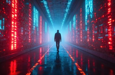 Person walks through tunnel with red and blue digital lights. Futuristic corridor with glowing data streams. Cyberpunk path, neon environment, future tech.