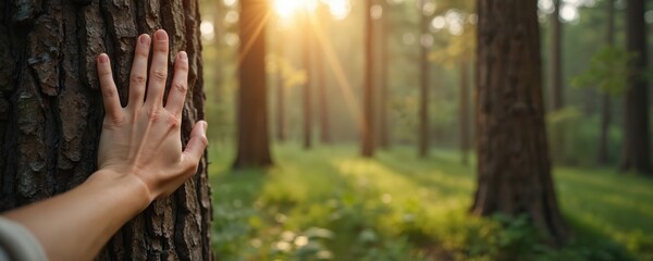 Woman touches pine tree bark with her hand. Sunlight rays filter through green forest trees. Person connects with nature, seeking peace and harmony.