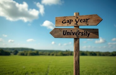Wooden signpost offers a choice between gap year or university. This decision point is set in a wide green field under a blue sky with fluffy clouds.