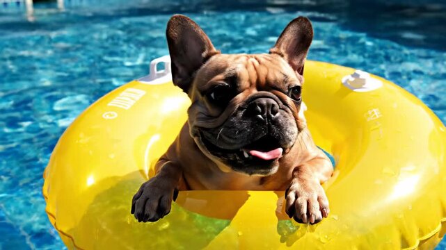 French bulldog puppy dog swimming in a pool with a yellow floating ring. Happy pet relaxing on summer holiday.