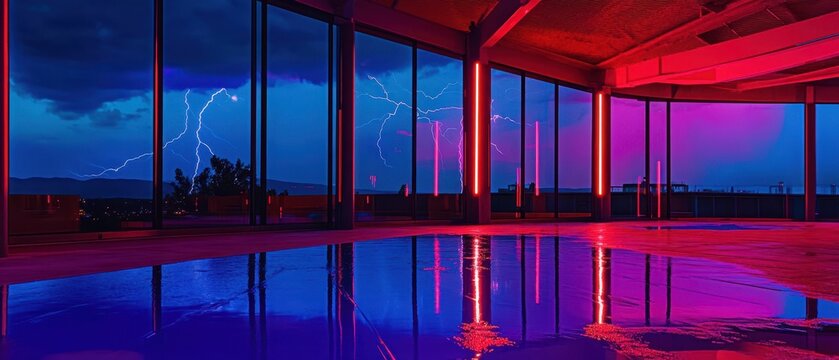 Thunderstorm visible through large windows in neon-lit modern interior. AI-generated. - Powered by Adobe