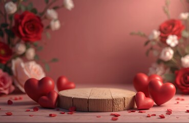 Wooden podium with red hearts and roses. Empty stage for romantic gift or product. Valentine day celebration decor backdrop. Feminine, love theme background. Beauty, fashion, wedding ideas.