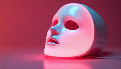 Glowing pink LED face mask offers advanced skincare treatment. Futuristic beauty device uses light therapy for rejuvenation. Modern cosmetic tool for radiant skin, wellness, and health.