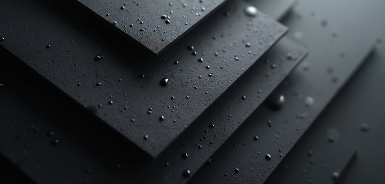 Black geometric layers intersect with water drops. Abstract dark forms create depth and texture. Minimalist design with sharp edges and smooth surfaces. Wet pattern feels moody.