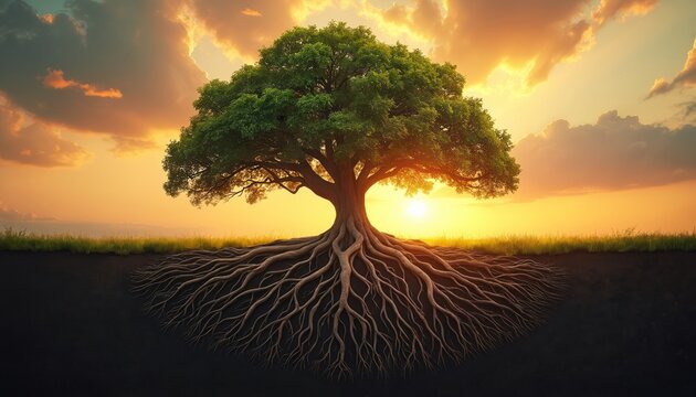 Large tree with strong roots exposed above ground. Golden sunset sky with clouds provides warm light. Lush green leaves on branches spread wide. Ground shows dark soil.