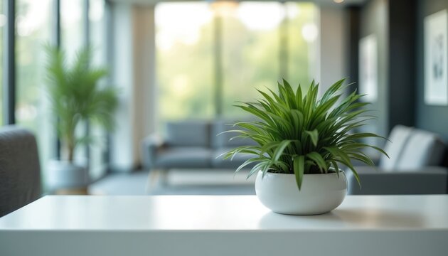 Green potted plant on white table in bright office waiting room. Soft focus background with sofa and large windows. Modern interior decor enhances ambiance.