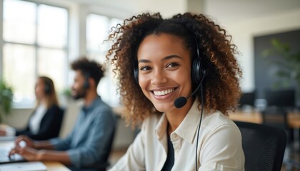 Smiling woman wearing headset works in call center. Colleagues assist clients on phones. Diverse team in modern office provides customer support and help.