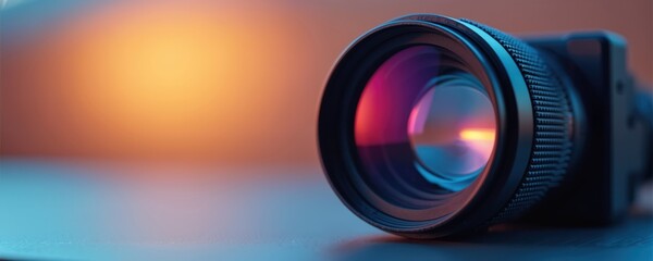 Camera lens macro shot, abstract colors reflected on glass. Pro optic gear, sharp detail, bokeh background. Modern photography tool, creative art concept. Tech innovation.