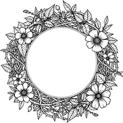 Obraz premium hand drawn leafy floral round frame illustration, natural flower and foliage border, decorative element for print design