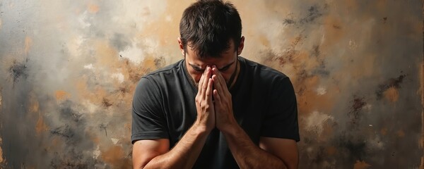 Man looks down, clasps hands together in front of face. He appears stressed or deep in thought. Abstract textured background adds artistic mood to this image.