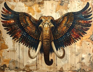 Surreal art of an elephant skull with wings and aged background
