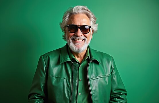 Smiling mature man with grey hair and beard wears green leather jacket and sunglasses. He poses in studio against green backdrop. Confident male model looks at camera.