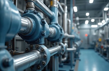 Industrial interior with row of blue pumps and steel pipes. Heavy machinery operates within a clean, modern factory building. Lights illuminate the production facility floor.