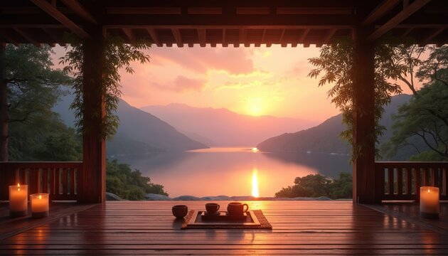 Wooden pavilion offers view of calm lake and misty mountains at sunset. Tea set and candles on porch create peaceful atmosphere for reflection and relaxation. - Powered by Adobe