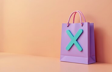 Purple shopping bag with aqua X mark. Symbolizes rejection of consumerism and embrace of minimalism. Empty bag prompts thought on ethical purchasing and eco friendly choices.