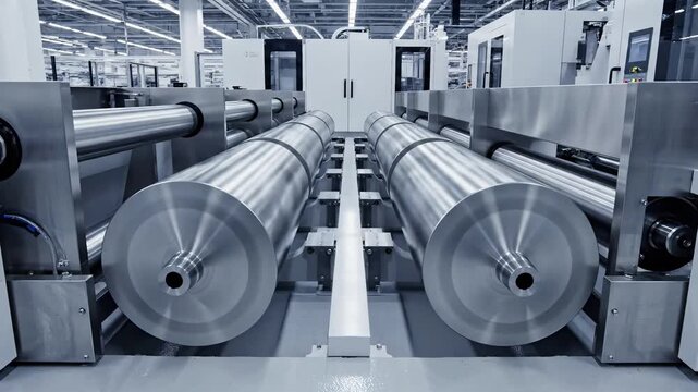 Close up of large polished metal rollers on an advanced production line in a modern factory for industrial automation concept and precision manufacturing