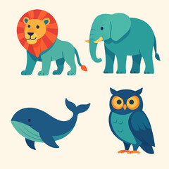 Naklejka premium Cute Safari Animals Flat Vector Illustration Set