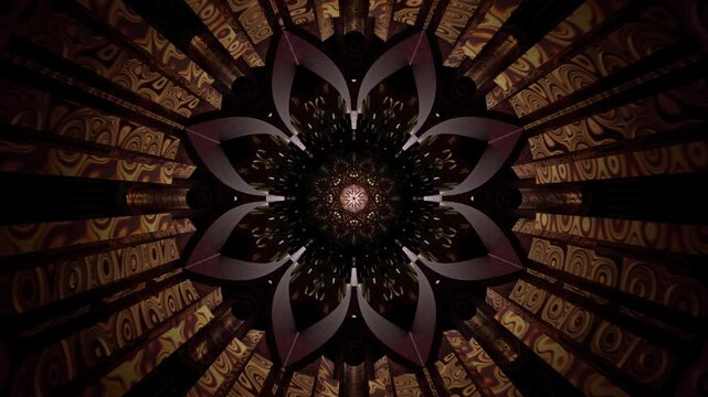 Hypnotic mandala kaleidoscope in deep purple tones, sacred geometry symmetry with a glowing center, abstract loop-style background for meditation, yoga visuals, club screens and VJ performance loop
