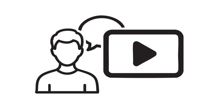 Blogger person and a video with play button solid icon, osint analytics concept. Vector graphics. Man with video player sign on white background, style icon mobile or web design. 