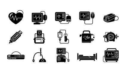 Collection of medical equipment and healthcare technology icons, symbolizing health and wellness