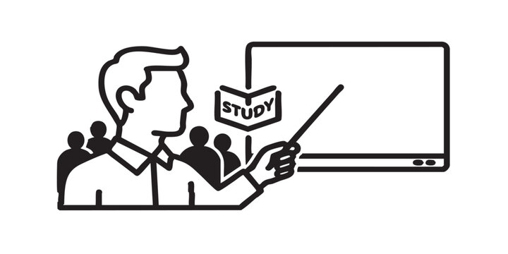 Lecturer with pointer and video solid icon, osint analytics concept. Vector graphics. Teacher man with audience, study sign on white background, style icon mobile or web design