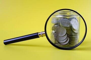 magnifying glass, jar of coins on yellow background