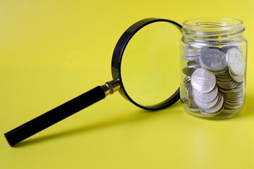magnifying glass, jar of coins on yellow background