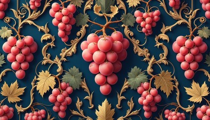 Seamless pattern with ripe pink grapes, ornate golden vine elements on dark blue background. Illustration bunches of fruit with leaves, swirling decorative motifs. Elegant design for fabric wallpaper.