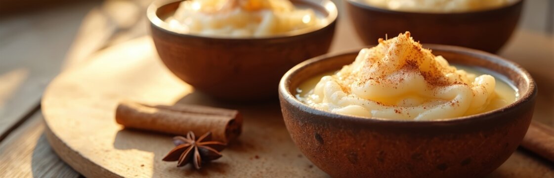 Creamy arroz con leche dessert served in rustic bowls. Cinnamon dusted rice pudding with star anise and cinnamon sticks on wooden table. Sweet comfort food.