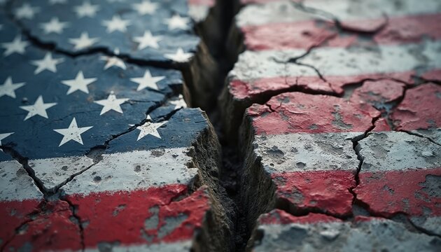 Cracked American flag texture symbolizes national division and political conflict. This fractured surface represents deep societal rifts and ideological disagreements.