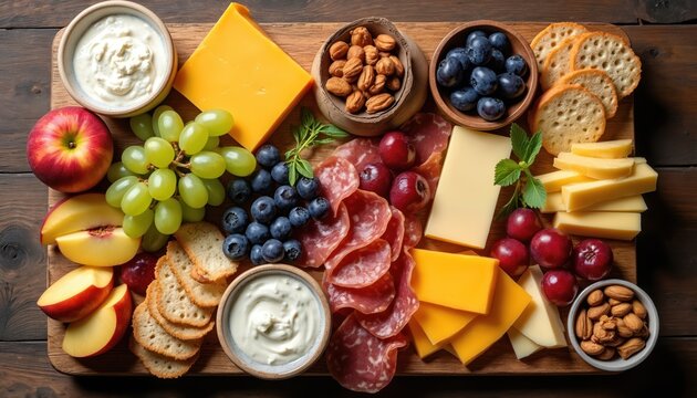 Top view of wooden board with assorted cheese fruits nuts meats crackers, dips. Perfect for party appetizer serving gourmet meal presentation. Includes grapes blueberries apples peaches salami,