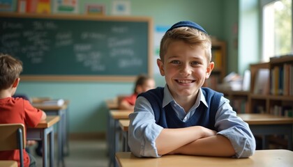Young boy smiles at camera in classroom setting wearing a kippah. Other students sit at desks behind him in a learning environment. Bookshelves are visible.