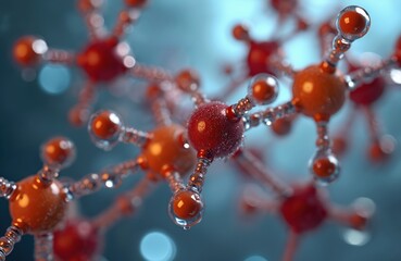Abstract 3D molecular model with red and orange spheres connected by transparent rods. Microscopic view shows intricate atomic structure, detailed science research or discovery graphic.