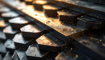 Geometric Metal Structures: A close-up showcases a collection of metallic components arranged in a tessellating pattern, demonstrating precision engineering and industrial aesthetics.