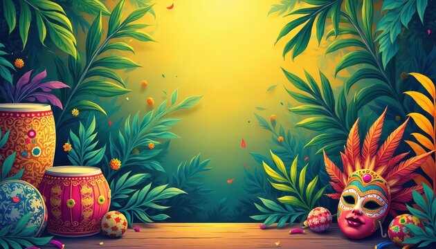 Tropical jungle leaves frame vibrant Brazilian carnival elements. Festive mask, drums and colorful balls sit on wooden surface. Bright yellow sky illuminates rich foliage.