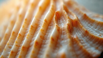 Close up of a ridged scallop shell texture. Warm orange and white lines create a natural pattern. This beautiful shell offers a detailed view of its unique surface.