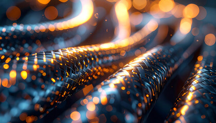 Dynamic Light Trails: A mesmerizing display of flowing lines of light, interwoven with radiant orbs of energy, that dance across a metallic surface.