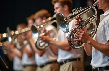 Young students play brass instruments in a school band performance on stage at night. Musicians in uniform create concert music together, showing team effort and musical talent.
