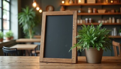 Blank chalkboard menu on wooden table in cozy cafe setting. Rustic frame. Plant adds natural touch. Background shows warm lighting, shelves with decor. Ideal for restaurant bar promotions, event
