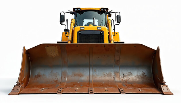 Yellow bulldozer front view with large shovel. Heavy construction machinery for earthmoving, site preparation, and landscaping projects. Powerful industrial vehicle for building.
