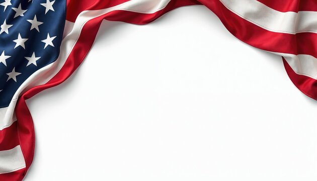 US flag draped corner on white background. Stars and stripes fabric borders frame for patriotic message. Copy space for text or graphic design.