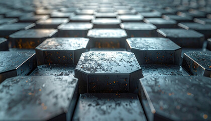 Geometric Hexagons: An abstract design showcases a repetitive pattern of geometric hexagons, metallic, texture and form.