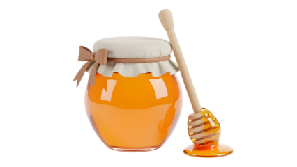 Glass Honey Jar with Wooden Dipper and Honey Drip, Isolated 3D Render Product Shot
