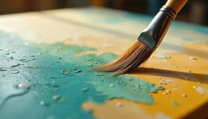 Fototapeta premium Paintbrush mixes teal and yellow paint on canvas. Artist creates abstract artwork, detailed view shows texture wet media and brush strokes in studio. Creative process, color blending.