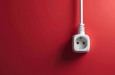 White power socket with cable on red background symbolizes electricity. No plug connected. Concept of power loss, outage or energy saving. Safe use of appliances.