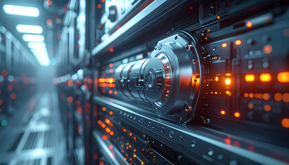 Data Center's Core: An ultra-modern data center houses a high-tech server rack, bathed in ambient orange light, embodying the essence of modern data processing.