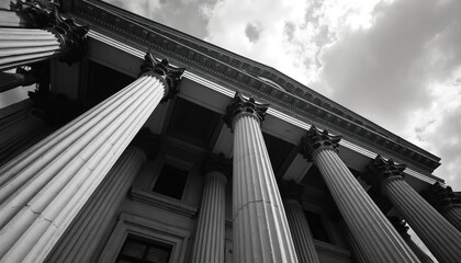 Low angle view of classical building with Ionic columns. Tall pillars support ornate entablature against dramatic cloudy sky. Historic stone facade conveys gravitas, symmetry and timeless grandeur.