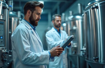 Two men in white lab coats work inside a sterile factory with large metal tanks. One man holds a tablet computer and checks data. They are inspecting production quality. This is science and industry.